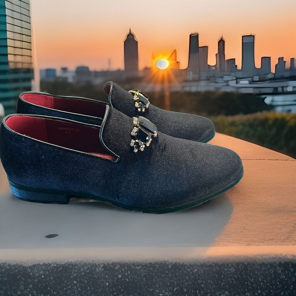 Enzo Romeo Vintage Plain Rhinestone Velvet Black Dress Loafers, Size 8.5‎